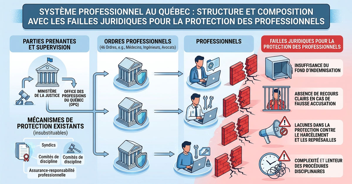 Vulnérabilité pour le protection des professionnels (ingénieurs, médecins, psychologues, thérapeutes, dentistes,... les 55 professions) dans le système organisationnel des ordres professionnels au Québec